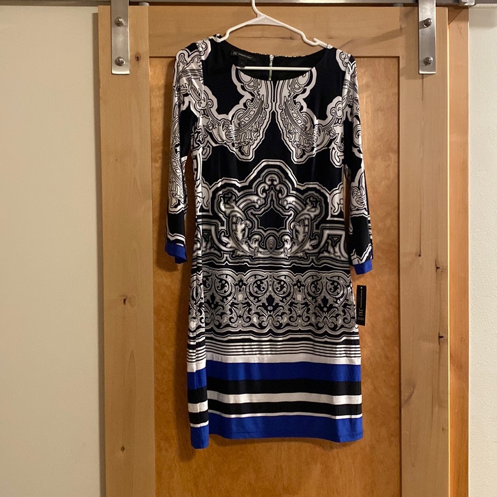 INC black white with blue accent dress